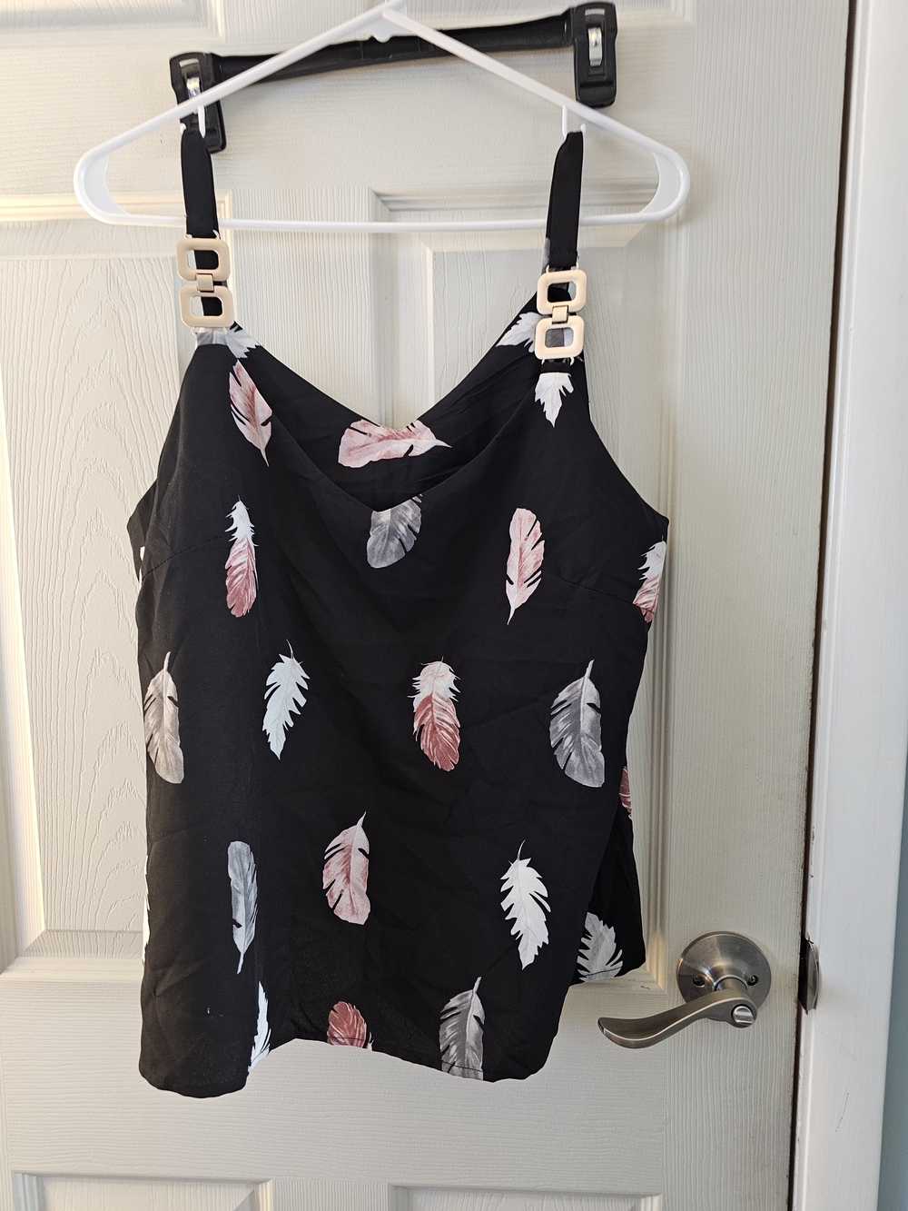 SHEIN Black Cowl Neck Tank Top with Pink & Gray Feather Print